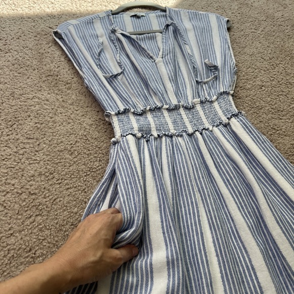 Rails Dress Womens S Blue Striped Ashlyn Midi Linen Blend Smocked Ruffle Pockets - Picture 9 of 10
